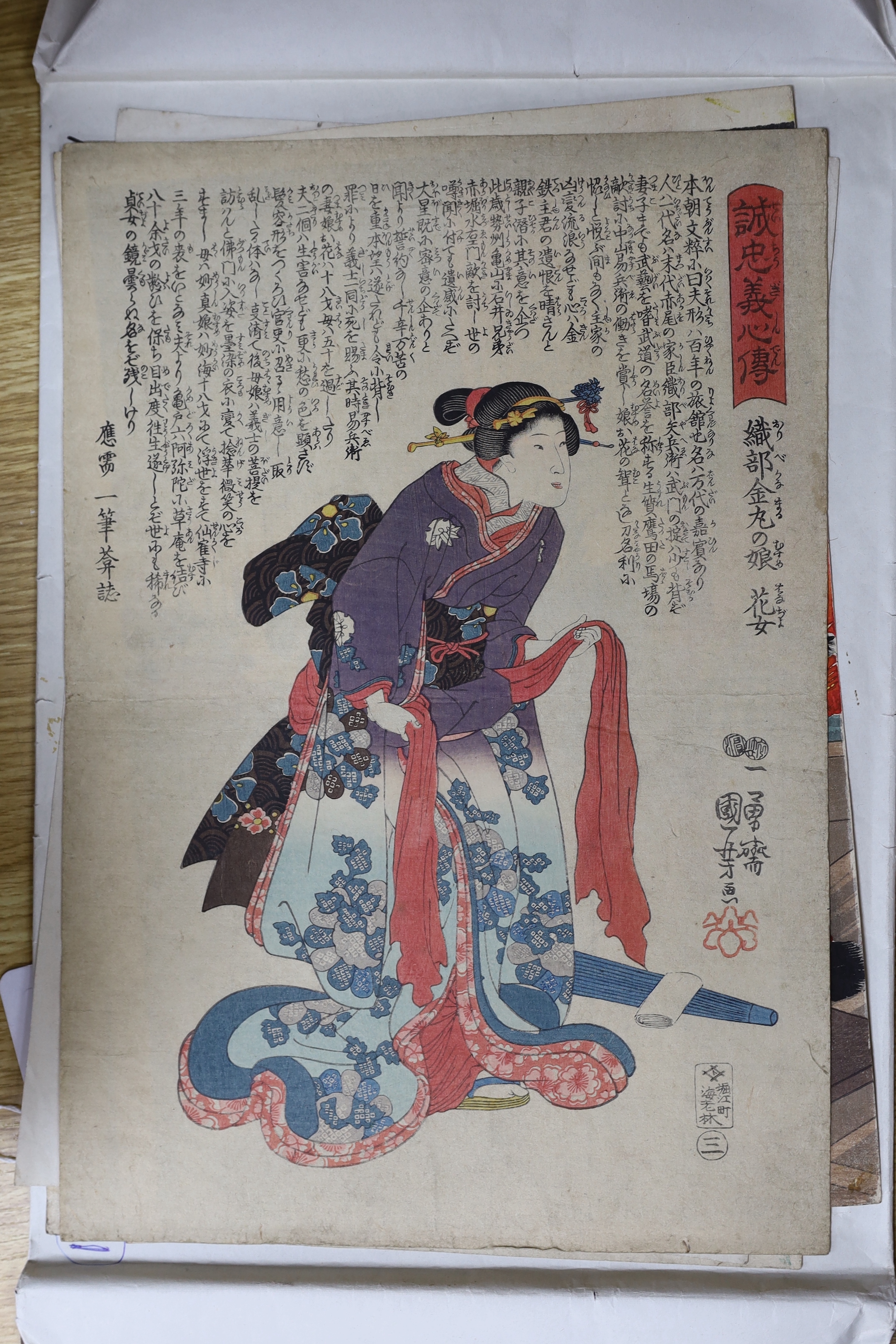 Eleven Japanese woodblock prints including one after Utagawa Kuniyoshi and one after Yanagawa Shigenobu, unframed, 37 x 25cm